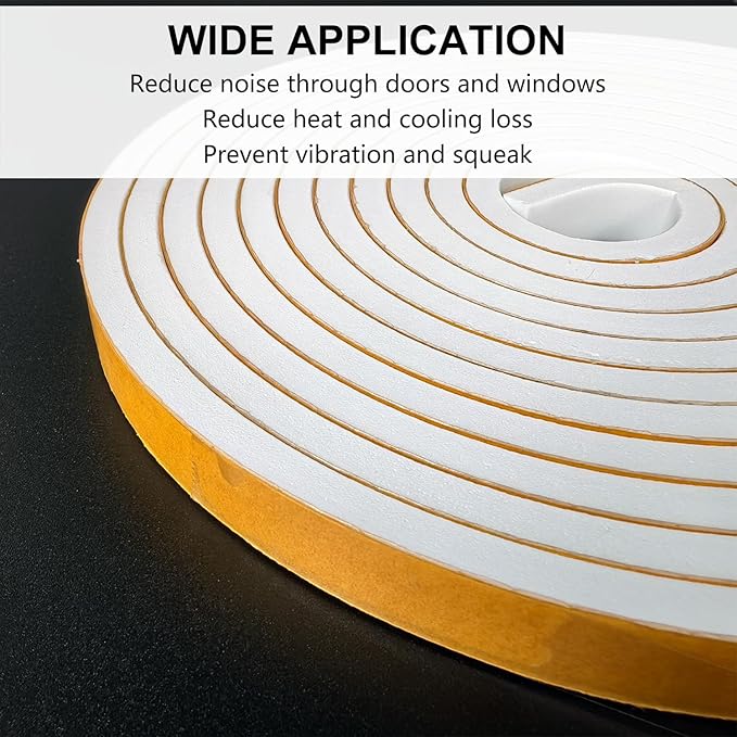 Weather Stripping Door Seal Strip, Strong Adhesive, Weatherproof, Reduce Noise, Gap Filler, Foam Insulation Tape for Doors and Windows (1/2 in x 1/4 in x 13 Ft), White