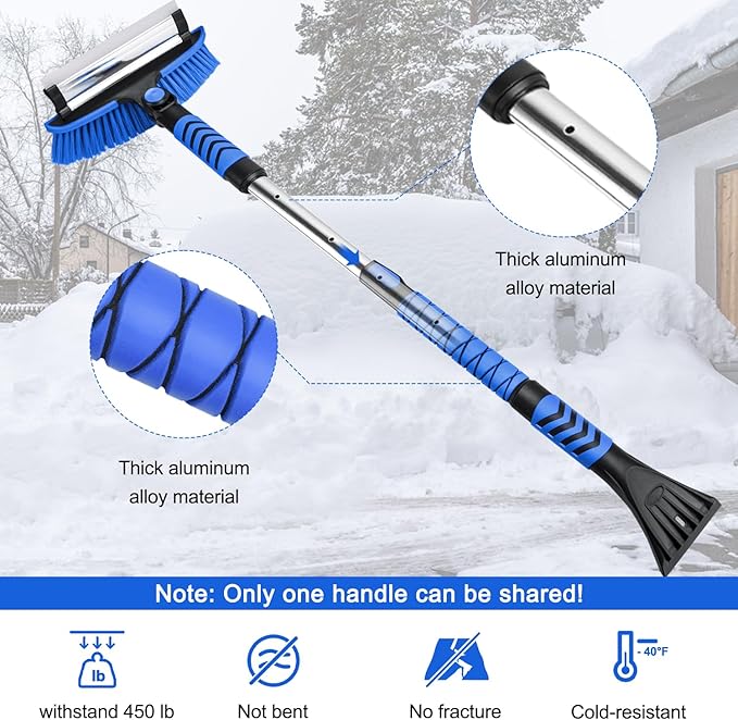 Blue Car Snow Brush and Shovel Kit, 42" Extendable Ice Scraper with 180° Pivoting Head & Ergonomic Grip - 39" Collapsible Emergency Snow Shovel for Car, SUV, Truck