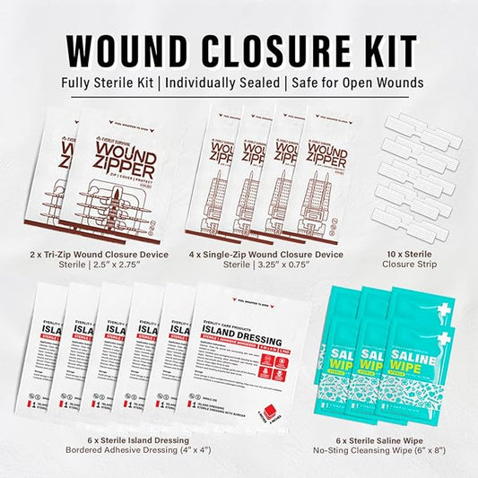 Wound Closure Kit | 28 Pcs All-in-One First Aid with Suture-Free, Stitchless Zip Devices, Butterfly Bandages, for up to 6" Wounds | 100% Sterile Medical Supplies to Clean, Cover & Heal