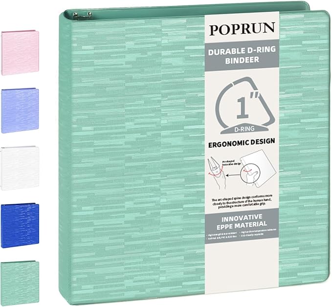 POPRUN 3 D Ring Binder 1 Inch, PVC-Free, Holds 225 Sheets of 8.5 x 11 Paper, Extra Durable Organizer with 2 Pockets for School & Office, Heavy-Duty, 1 Pack, Midnight Green