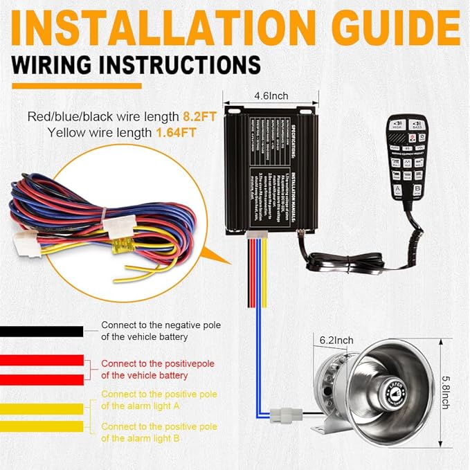 Upgrade 250W Emergency Police Siren Speaker Multi-Tones Slim PA System Sirens with Handheld Controller & Mic Microphone Warning Electronic Alarm Sounds Horn Kit for Tow Truck Vehicles Car Pickup