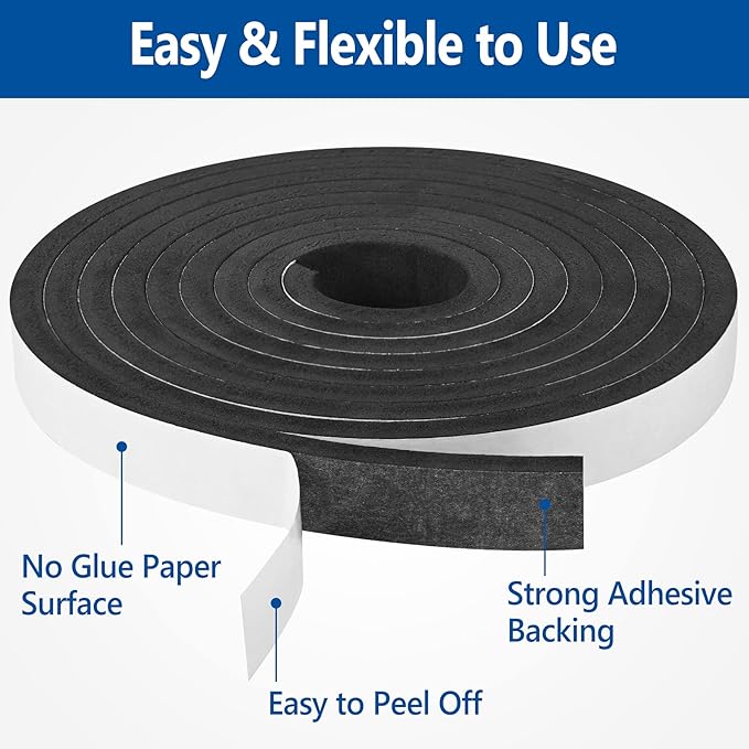 Kikerike Self Adhesive Foam Tape Weatherstrip 3/4In x 5/16In x 20Ft High Density Foam Insulation Strips Seal Weather Stripping with Strong Adhesive for Door and Window Sound Isolation Soundproofing