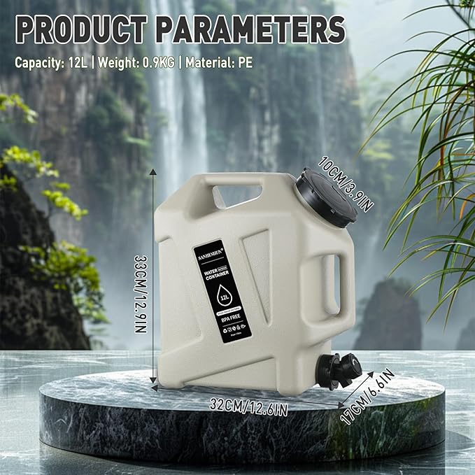 3.2 Gallon Water Jug,Camping Water Container with Spigot,BPA-Free with Cleaning,Brush Military Green Tank Portable,Suitable for Outdoor Camping and Hiking,Grey