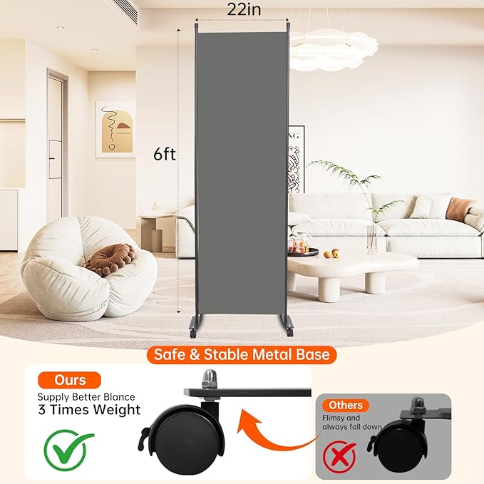 Room Divider 22''W Wall Divider for Room Partition (Heavy Duty Base) 1 Panel Partition Room Dividers, Freestanding Room Divider Screen Separation W/Wheels Folding Privacy Screen Panel Space Separator