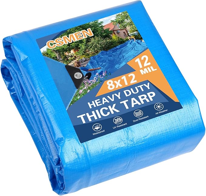Tarp Heay Duty Waterproof 8x12ft,Blue Tarp Cover Plastic Poly Tarpaulin for Outdoor Cover,Emergency Rain,Roof, Pool, Boat,Camping - Multipurpose with 12Mil Thickness