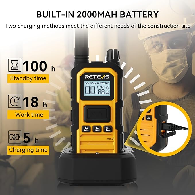 Retevis RB48 Plus Heavy Duty Walkie Talkies with Earpiece, IP67 Waterproof Two Way Radios, Long Range 2 Way Radio, Group Call, VOX, SOS, NOAA (4 Pack)