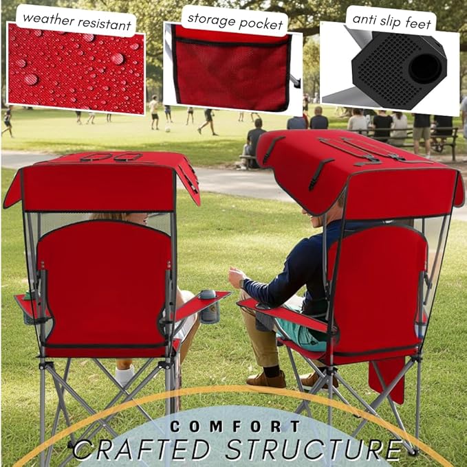 Portable Folding Camping Chairs with Canopy Shade, Beach Chair for Adults, Durable Weather Resistant 600D Oxford Cloth, Camping Chair with Canopy for Outdoors [Red-2 Pack]