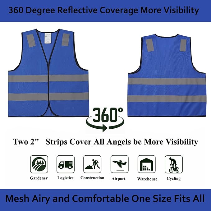 Blue Safety Vests 10 Pack - Reflective High Visibility Construction ANSI Class 2 Work Vests for Men,Woman,Hi Vis Mesh and Neon Silver Strip