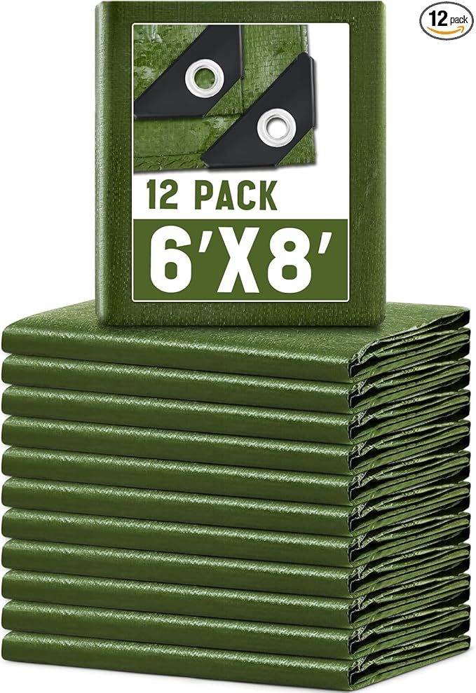 12 Pack 6 x 8 ft 5.5 Mil Large Tarps Heavy Duty Waterproof Tarp Multi Purpose Tent Cover for Home Boats Cars Camping Patio Furniture Roof Emergency Rain Protective Cover, Army Green