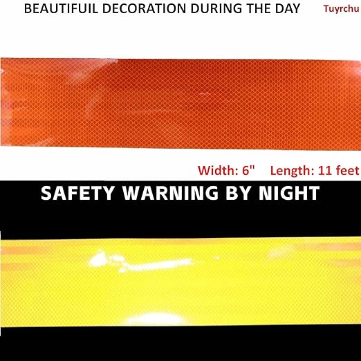 Non Fading Reflective Tape Orange Outdoor Waterproof 6 inch Wide, High Visibility Safety Warning Reflector Sticker Strips (11 feet)