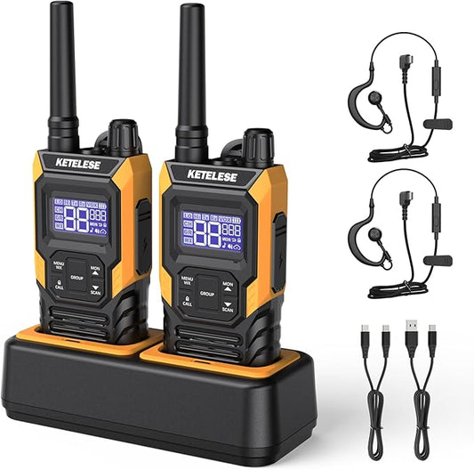 KETELESE T4 Walkie Talkie IP67 Waterproof, Type-C Rechargable Two Way Radio, Dual PTT, NOAA Weather, VOX, Group, Scan, FRS Radios 2 Watts, for Adults, 2Pack, Orange