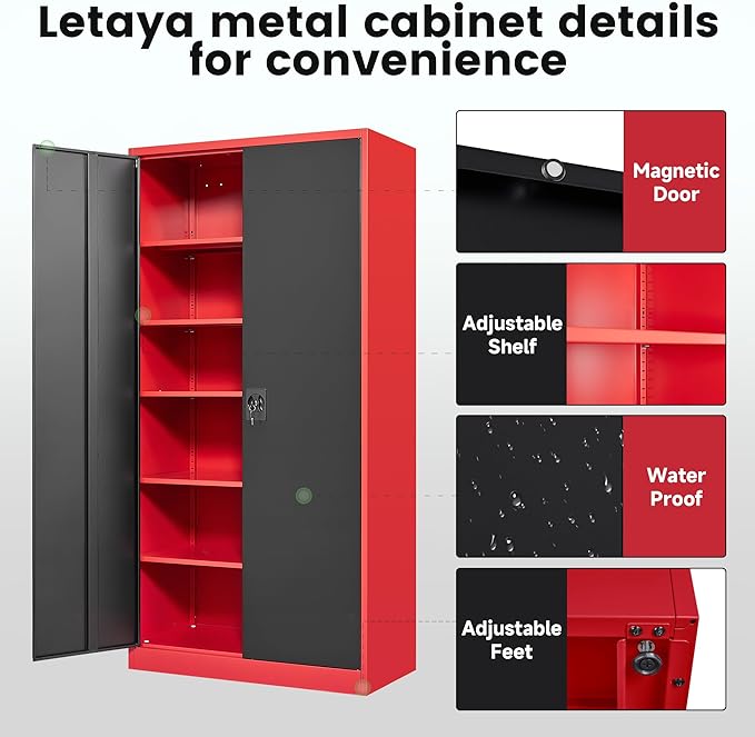 Letaya Metal Storage Cabinets with Lock, 72" Tall Locker Organizer Steel Cabinets, Adjustable Layers Shelves 2 Doors for Home, Office, Warehouse,Garage(Black Red)