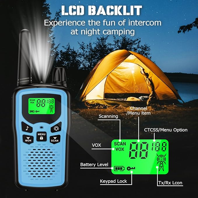 Rechargeable walkie talkies for Adult walkie talkies Long Range, 22 Channel FRS 2-Way Radios Walky Talky with LED Flashlight for Climbing, Camping Trip and Family Emergency Kit(2 Pack Blue).