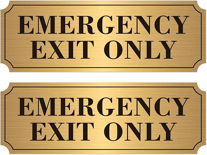 2PCS Emergency Exit Only Signs Sticker，Self Adhesive Water & Fade Resistant Black Gold Exit Only in Emergency Sign for Business, Schools, Offices, Storage Rooms, Hospitals