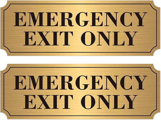 2PCS Emergency Exit Only Signs Sticker，Self Adhesive Water & Fade Resistant Black Gold Exit Only in Emergency Sign for Business, Schools, Offices, Storage Rooms, Hospitals