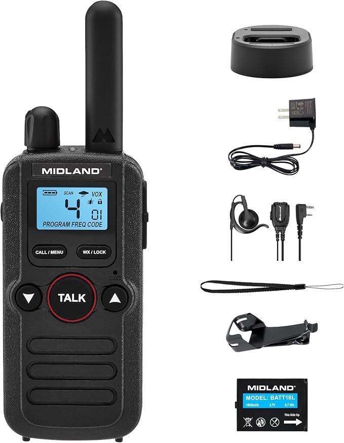 Midland BR180 BizTalk - UHF Business Two-Way Radio – 1W, 56 Channels, Headset, Desktop Charger, Rechargeable Battery – for Warehouse & Hospitality (1-Pack)