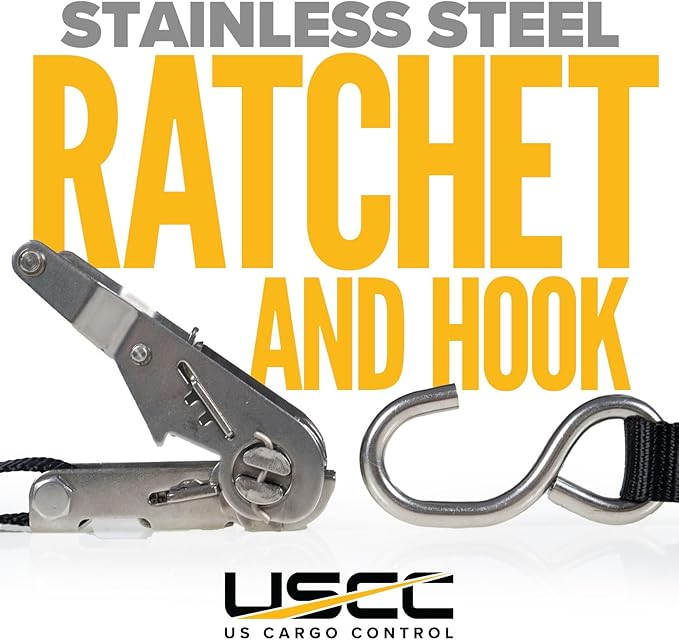 US Cargo Control Stainless Steel Ratchet Straps with S-Hooks 1" X 10' (2-Pack), 765 LBS Break Strength, Marine Tie Down Straps for Boats, ATVs, Trees, Camping, Snow, Saltwater Applications