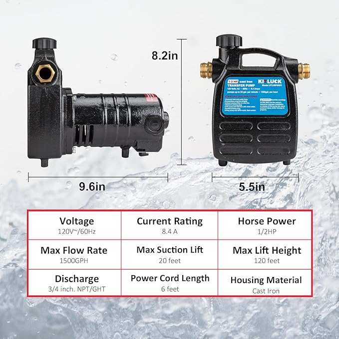 Water Transfer Pump, KITLUCK 120V 1/2 HP 1500GPH Cast Iron Portable Electric Utility Water Pump, Heavy Duty High Pressure Transfer Pump with ON/OFF Switch, Suction Strainer and Brass Connectors