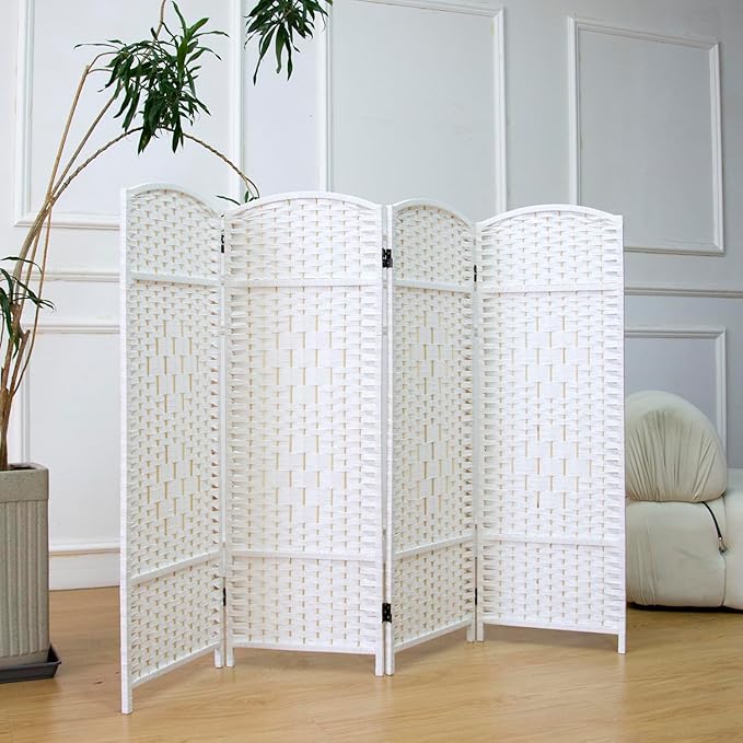 4 Panel Rattan Divider Short Room Partition Screen,Double Sided Folding Divider for Room Separation,White,47.2" H x 63" W