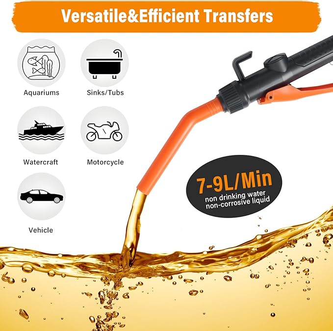 Portable Fuel Transfer Pump, 2.6GPM Battery Powered Fluid Siphon Pump with Adjustable Flow Nozzle - Universal for Gasoline, Diesel, Water Transfer, Battery Gas Pump for Mechanic,Home,Outdoor Use