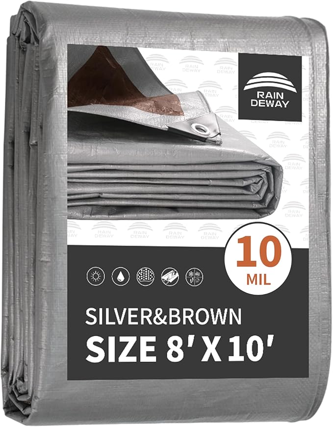 RAINDEWAY Tarps Heavy Duty Waterproof 8x10 Feet,10Mil Thick Multipurpose Poly Tarp Cover with Metal Grommets and Reinforced Edges,Silver/Brown Tarp