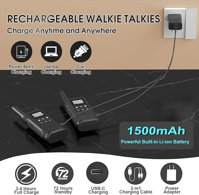Walkie Talkies Long Range for Adults-2 Pack Rechargeable Walkie Talkies 22 FRS Channels 2-Way Radios with NOAA Weather Alert,VOX,Flashlight and 1500mAh Li-ion Battery for Family Camping Hiking