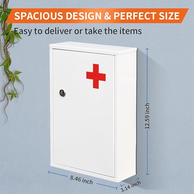 Steel Wall-Mount Lockable Medical Cabinet, 2-Tier Medical Box with Key, Metal Storage Box, Medicine Organizer Secure Large Capacity, First Aid Cabinet for Bathroom School 12.59×8.46×3.14"