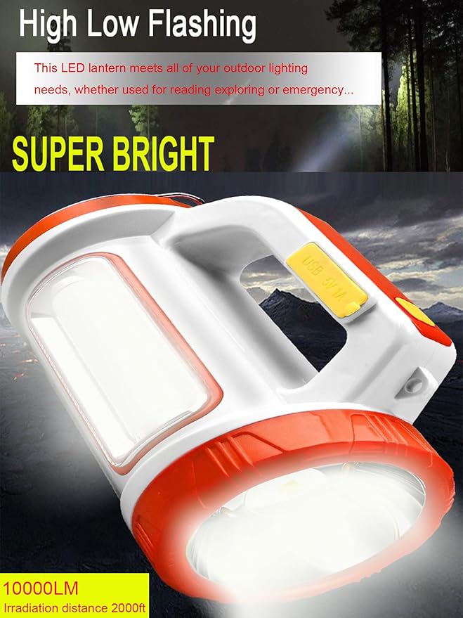 SUYOOULIN Solar Rechargeable LED Flashlight Lantern, Super Bright 10000LM Handheld LED Spotlight Searchlight, Multifunction Camping Lantern Work Light, 5 Light Modes, Waterproof for Emergency, Home