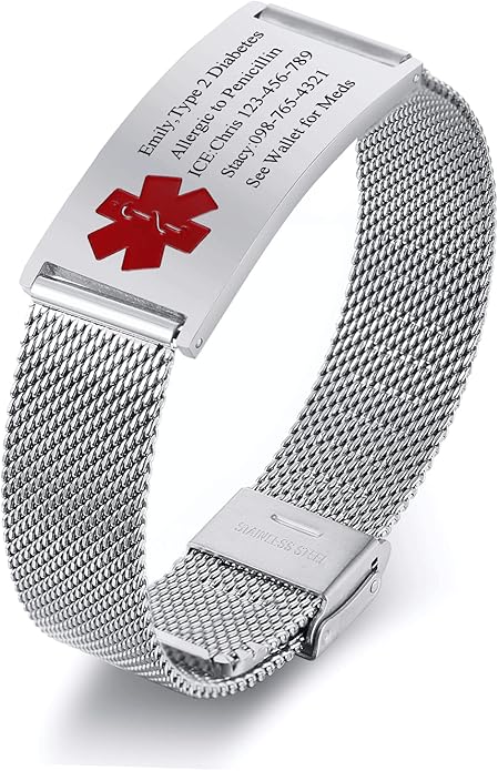 VNOX Medical Alert Bracelets for Men & Women Kids with Free Engraving Adjustable Stainless Steel Mesh Emergency Medical ID Bracelets Wristband
