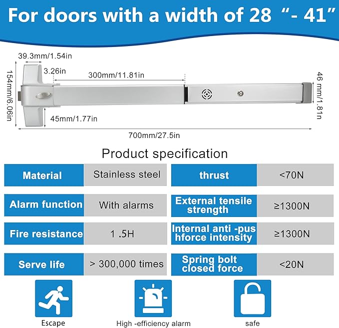 Commercial Door Push Bar Panic Exit Device with Exterior Lever with Alarm, 27.5” Stainless Steel Panic Bars for Exit Doors, Panic Bar Emergency Door Hardware for Wood Metal Doors