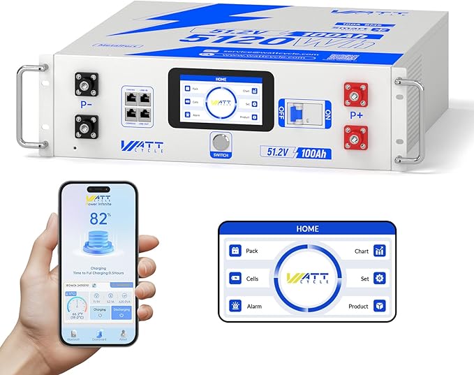 Wattcycle 48V 100Ah LiFePO4 Lithium Battery 100A BMS, 3U 5120Wh Server Rack Mount Battery, with LCD Touchscreen & Bluetooth, 6000+ Cycles Perfect for Solar, RV, Off-Grid, Home Storage, UPS Backup