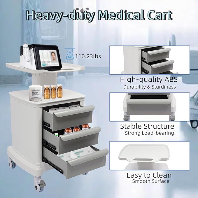 Mobile Medical Cart with 3 Drawers, Utility Cart with Wheels Commercial Hospital Office Lab Cart Beauty Salon Storage Trolley, for Hospital Lab Clinic Pet Shop
