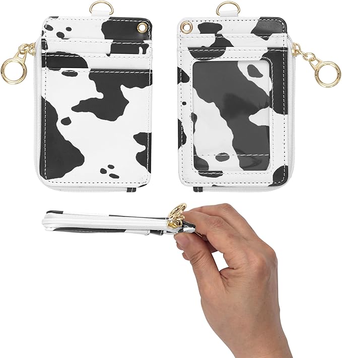 2-in-1 ID Badge Holder & Lanyard Wallet - Multi-Use Womens Small Wallet with Removable Wristlet & Neck Lanyard, Clear Window, 5 Card Slots, Phone Holder, Ring Keychain - Cow