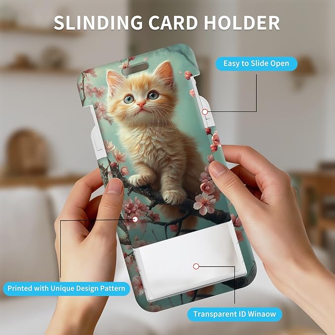 ID Badge Holder with Retractable Lanyard for Women & Men,Vertical ID Card Holder Wallet,Clear Window&Card Slot,Detachable Neck Strap for Nurse Teacher Office,Cherry Blossom Cat