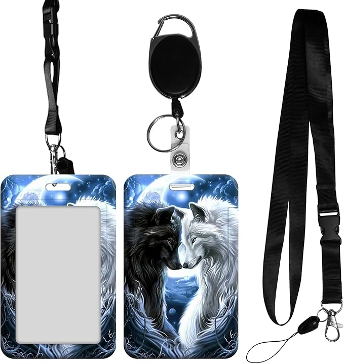 ID Badge Holder with Retractable Lanyard for Women & Men,Vertical ID Card Holder Wallet,Clear Window&Card Slot,Detachable Neck Strap for Nurse Teacher Office,Wolves Love