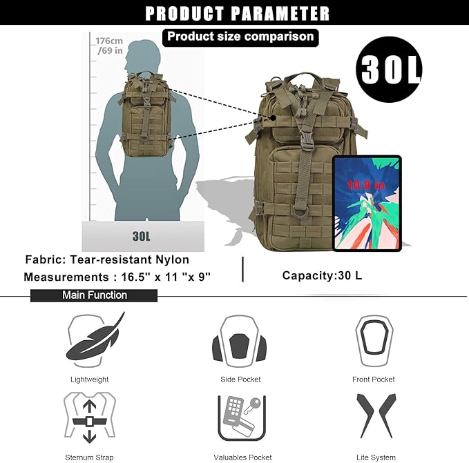Small Tactical Backpack Military Daypack - 30L Backpack for Men Molle Assault Pack Bug Out Bag for Hiking Camping Travel Army Hunting Rucksack Trekking (Green)