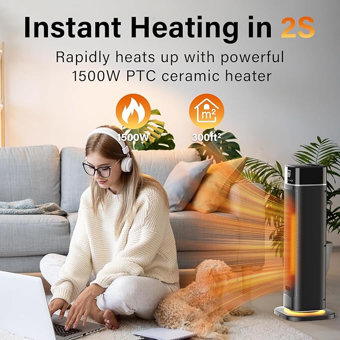 24" Space Heater, JRD Fast Heating Portable Electric Heater with Remote, Night Light, 80° Oscillation,4 Mode, Overheat&Tip-Over Protection, Ceramic Heat for Bedroom Office Indoor