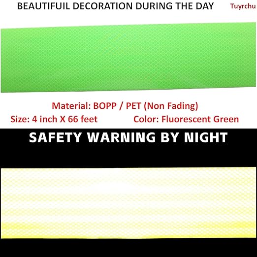 Fluorescent Green Reflective Tape 4 inch Wide, Outdoor Waterproof Safety Caution Warning Adhesive Strips Tape (66 feet)