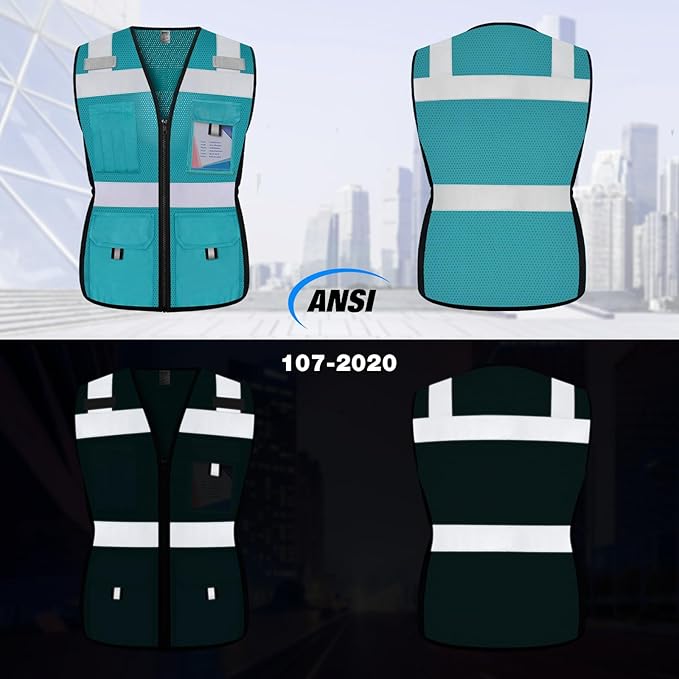 TCCFCCT Women Reflective Vest 11 Pockets High Visibility Mesh Safety Vest for Lady, Neon Construction Work Vest with Zipper, Snug-Fit, Durable with Reinforced Sewing, ANSI Compliant, Malachite Blue S