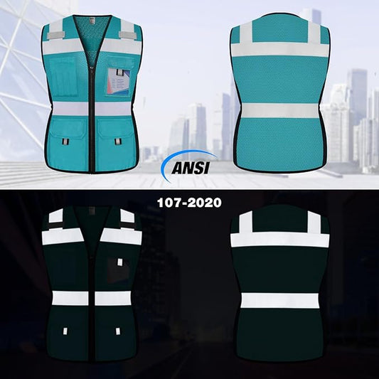 TCCFCCT Women Reflective Vest 11 Pockets High Visibility Mesh Safety Vest for Lady, Neon Construction Work Vest with Zipper, Snug-Fit, Durable with Reinforced Sewing, ANSI Compliant, Malachite Blue S
