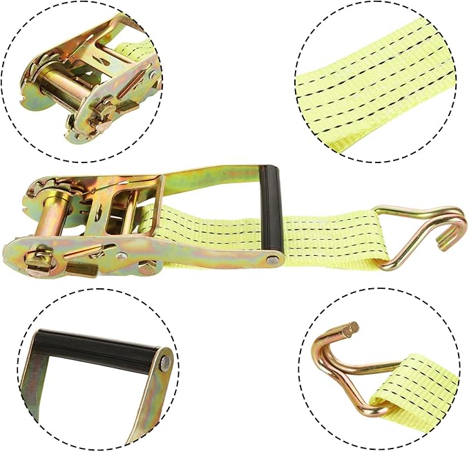 HNBun 2 Pack Ratchet Tie Down Straps, 2" x 33ft, 10,000 lbs Break Strength, Heavy Duty Cargo Lashing Straps with Double J Hooks for Trailer, Truck, and Equipment Hauling, Yellow
