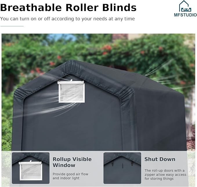 MFSTUDIO 6x10 Storage Sheds, Outdoor Shades Portable Storage Shelter Garage with Rolled up Zipper Doors, Heavy Duty Garages Carport Tent for Motorcycle, Bicycles and Outdoor Tools