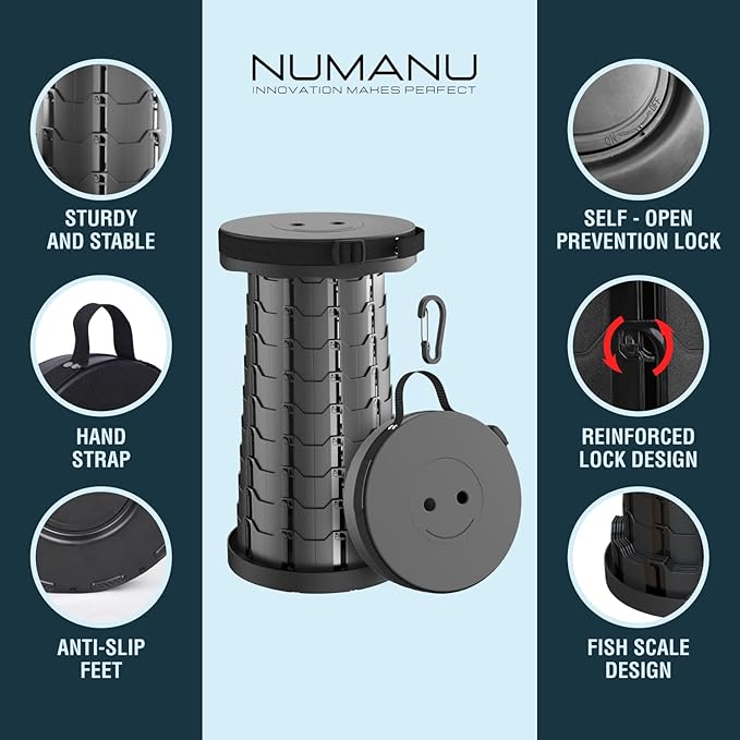 NUMANU 2PK Old-Gen Collapsible Stool, Max 400lbs, Adjustable Portable Folding Stool for Adults, Retractable Foldable Telescopic Seat Camping Chair or Footrest (2PK Old-Gen Hard Seat + Accessories)
