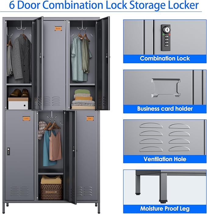 Metal Lockers for Employees with Combination Lock, 6 Doors Storage Locker with 6 Shelves, 18 Hooks and Card Slot for Office Gym School Bedroom, Assembly Required, Dark Gray