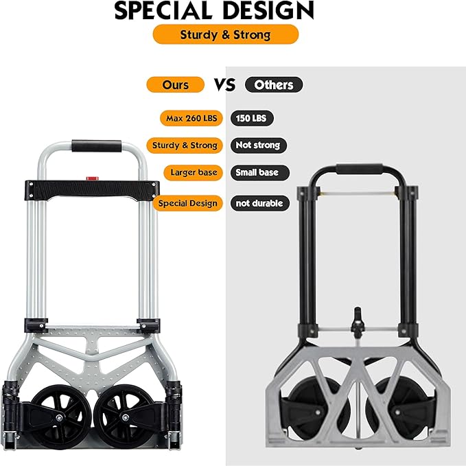 Folding Hand Truck Dolly Cart Portable Foldable Aluminum Luggage Cart Trolley Cart Black Load 260 lbs, with Black Bungee Cord, Telescoping Handle,Solid Aluminium Wheel suspensions, Double Bearings