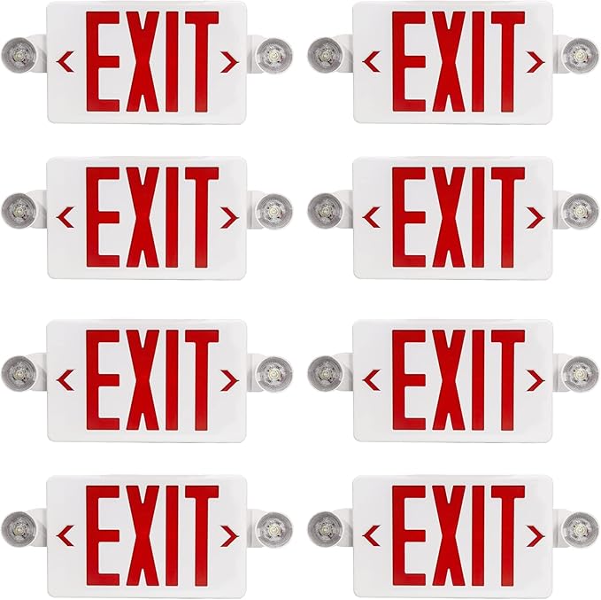 LED Exit Sign with Emergency Light, Double Sided Red with Battery Backup, Red Letter Emergency Exit Sign Lights with Two Adjustable Heads 120-277V AC UL Listed (8Pack, Red)