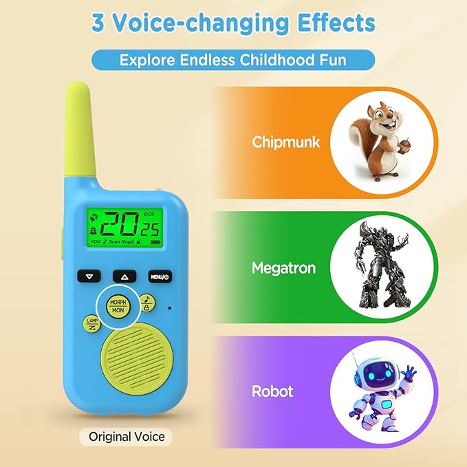 Peakeep Walkie Talkies for Kids Long Range 3 Miles, Voice-Changing Toys Gifts for 3-12 Years Old Boys Girls, 2 Way Radios Big LCD Screen, Flashlight, Camping Hiking Outdoor, Battery Operated, 2 Packs