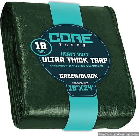 Core Tarps Extra Heavy Duty 16 Mil Tarp Cover, Waterproof, UV Resistant, Rip and Tear Proof, Poly Tarpaulin with Reinforced Edges for Roof, Camping, Patio, Pool, Boat (Green/Black 18′ X 24′)
