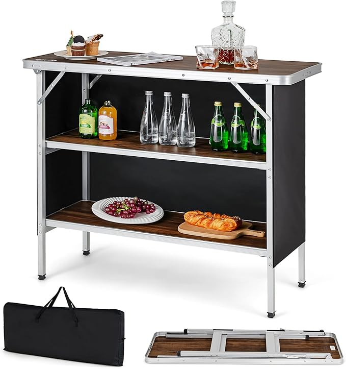 COSTWAY Folding Picnic Table, Portable Camping Table with Carry Bag, Lightweight Aluminum Food Prep Station with 2 Shelves, Quick Set-up, BBQ, Party, Backyard