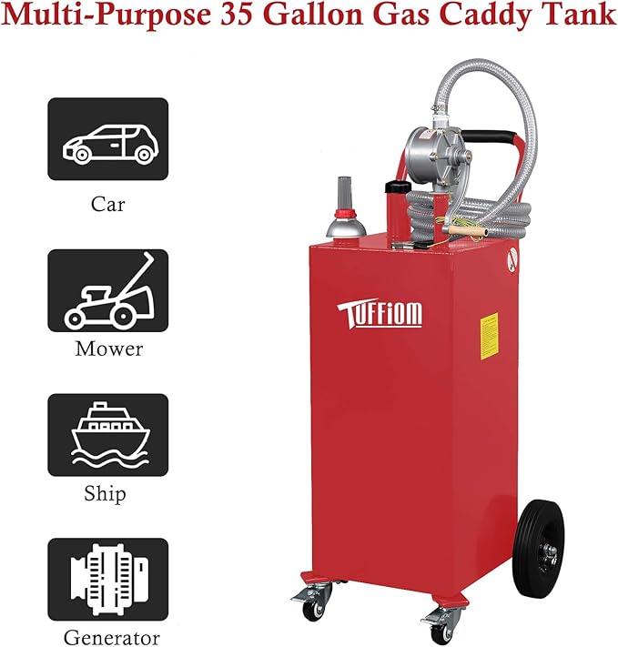 TUFFIOM 35 Gallon Fuel Gas Caddy w/Wheels & Manual Siphon Pump, Portable Diesel Fuel Transfer Storage Tank w/11.9ft Hose, Gasoline Can Container for ATV Car Mowers Tractor Boat Motorcycle